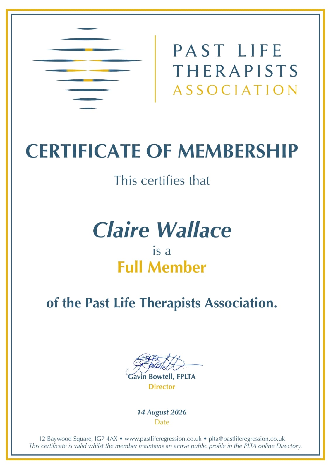 Past Life Therapists Association — Certificate of Membership, Claire Wallace